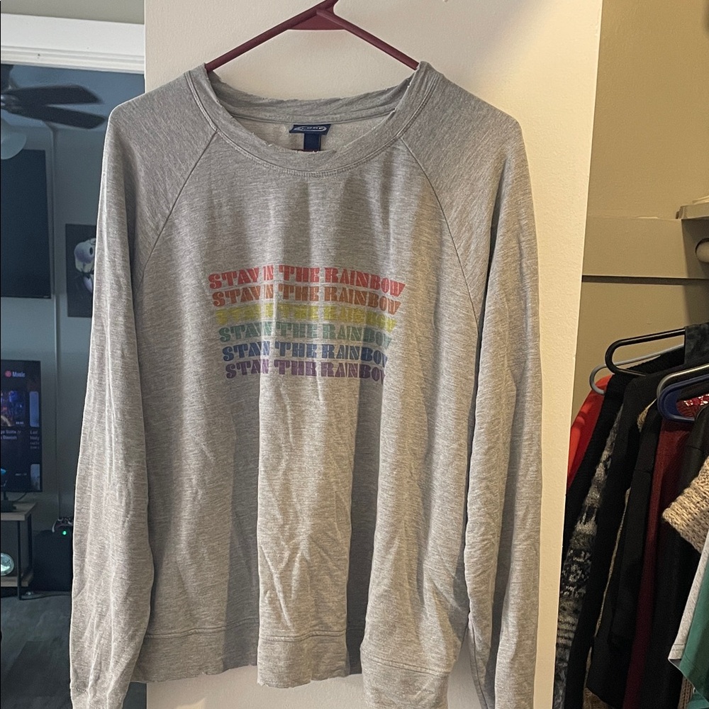Gray Crewneck Sweater with Rainbow Text